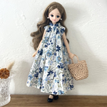 ふんわりナチュラルノースリーブワンピース　【花柄ブルー系】ドール服　リカちゃん　ブライス　受注
