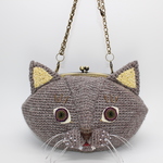 ジュートで編んだおとぼけ顔の猫のがま口ショルダーバッグ