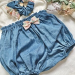 【sold out】優しくおそろい♥絆を深める親子コーデ　デニム風ガーゼブルマ＆選べるおやこシュシュセット🩵ライトブルー🩵