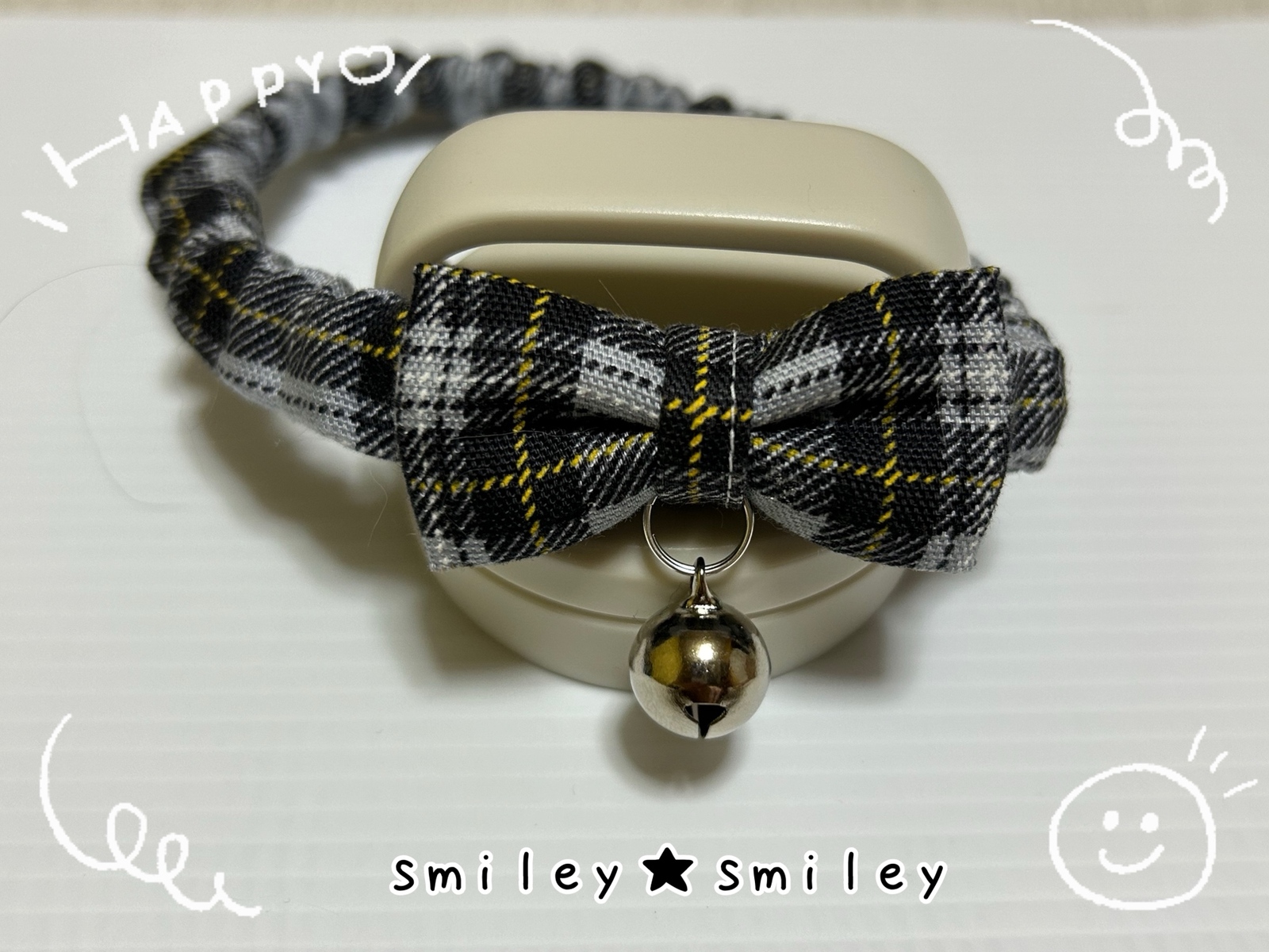 幅広シュシュ、グレーチェック、わんちゃん猫ちゃん用 幅広シュシュ、グレーチェック、わんちゃん猫ちゃん用