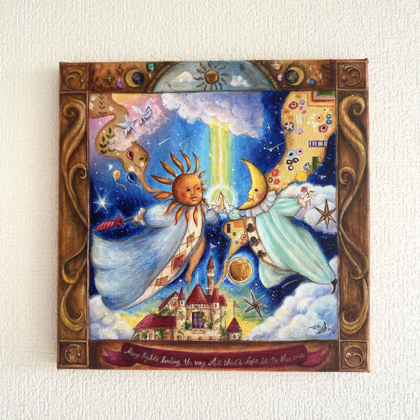 アクリル絵画／原画　「満月と踊り子」 アクリル原画】星屑の夜空を旅する少女と犬 - 棉月 水香子