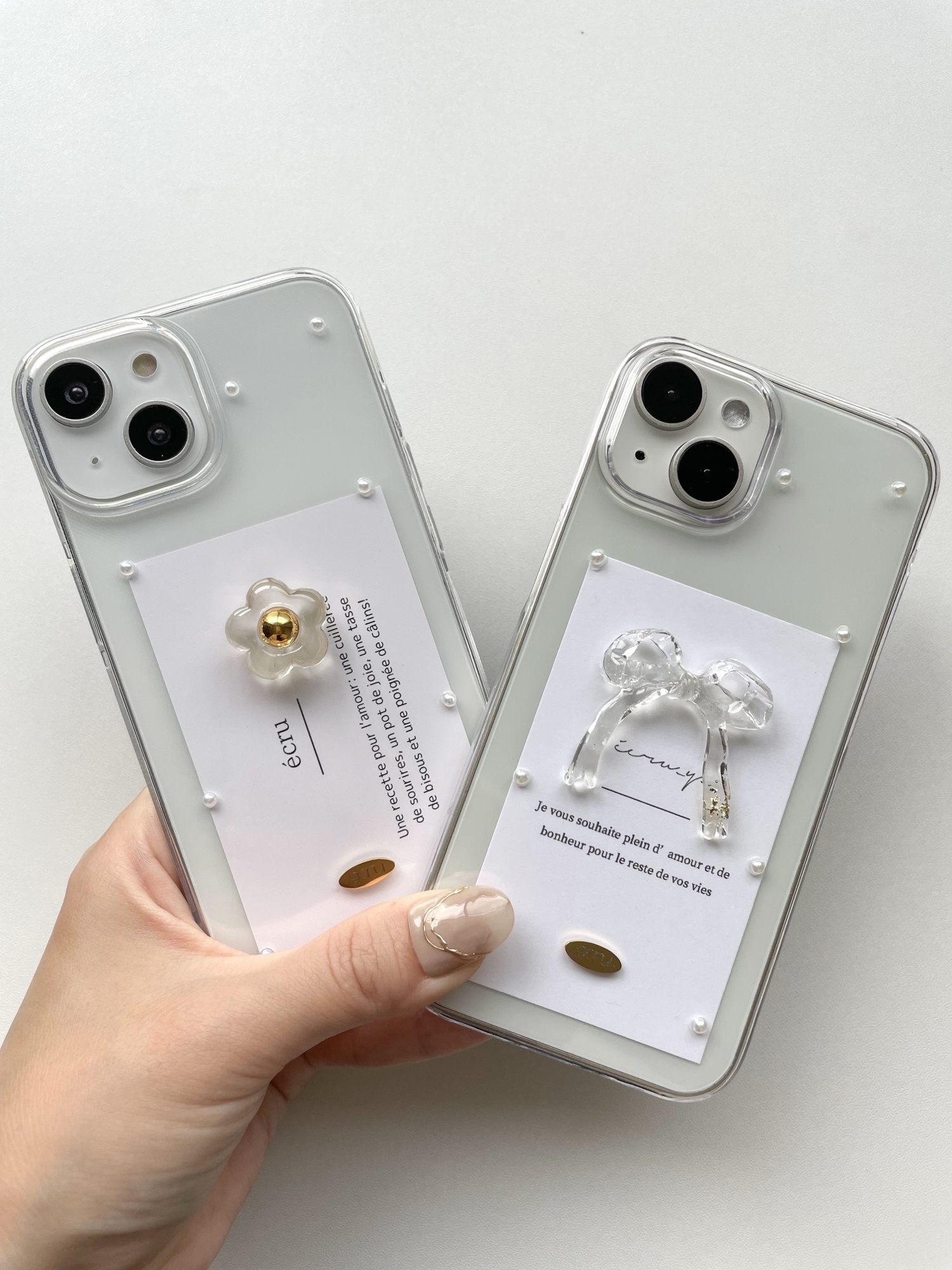 クリア小花柄バラリボンパールストラップ韓国iPhoneケース