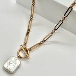 再販❣️スクエア淡水パールとマンテルのチェーンネックレス　ピンクゴールド　チェーンネックレス　マンテルネックレス　スクエアパール　バロックパール　オールステンレス　大人可愛い　お出かけ　女子会