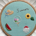 刺繍の壁飾り　《夏のモチーフ　スイカ　帽子　ひまわり　うちわ　かき氷》