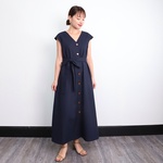 コットンリネン フロントボタン ワンピース　ネイビー　0211NV