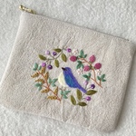 コットンリネンと刺繍の青い鳥のポーチ