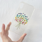 【虹色かすみ草ブーケ】 押し花スマホケース　手帳型ケース　ソフトケース　バンパーケース　android 全機種対応　iPhoneケース　14 13 12 かすみ草　虹　ブーケ　カラフル
