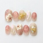 〈和柄〉ネイルチップ 淡色ピンク 成人式ネイル ブライダルネイル 浴衣 和柄  うるうるネイル うねうねネイル ゴールド ウェディング 卒業式 和装