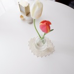16×19cm *淡色レースとビーズの縁取り* レース編み 花模様 ドイリー インテリアマット