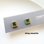 【ステンレス　ピアス】1ペア　18Kメッキ　グリーン　スクエア　ミニピアス　フォーマル　ピアスパーツ　ピアス金具　アクセサリーパーツ