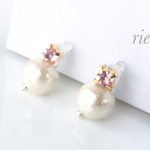 【rie.t】コットンパールと一粒ビジュー♡ノンホールピアス