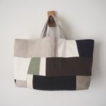 リネン・帆布・綿麻　モノトーン系　ランダムパッチ　　横長トートBAG　♪　麻　リネン　チェコリネン B
