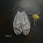 裾ゴムパンツリネン黒白チェックドロワーズパンツ丈91☆