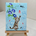 【猫と朝顔】　小さい絵　絵　猫　あさがお　金魚