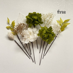 three flower  緑のお花セット　振袖　卒業式　和装　洋装  結婚式　成人式　着物　白無垢　卒業式髪飾り　水引　金箔　袴　ヘアアクセサリー　ヘッドドレス　