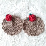 ドイリー　コースター　赤薔薇　ブラウン　ハンドメイド　レース編み　手編み