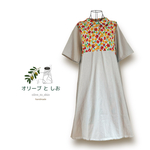 襟付き裾フリンジのAラインワンピース　ブルー系　水色　花柄　コットン　ボタン　ゆったりサイズ