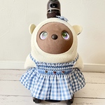 【LOVOT ラボット服】水色のギンガムチェックのスモッキングワンピース　リボン付き　（くま刺繡）【ハンドメイド】