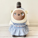 【LOVOT ラボット服】水色のギンガムチェックのスモッキングワンピース　リボン付き　（ピンクのバラ刺繡）【ハンドメイド】