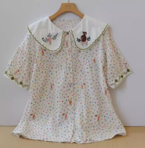 夏の新しい 刺繍 トップス 甘い 半袖 シャツ