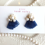 再販♡ふんわりリボンのコットン風パールピアス(ネイビー)♡送料込み