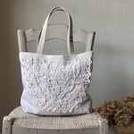 独創的whiteworkお守りバッグ*フランスアンティーク*ホームスパンリネン*手編みレース*トートバッグ*ヴィンテージ