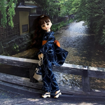リカちゃんサイズ　💙🧡王道！藍色絞り風柄の浴衣とくすみオレンジの帯のセット　浴衣と共布の巾着付き