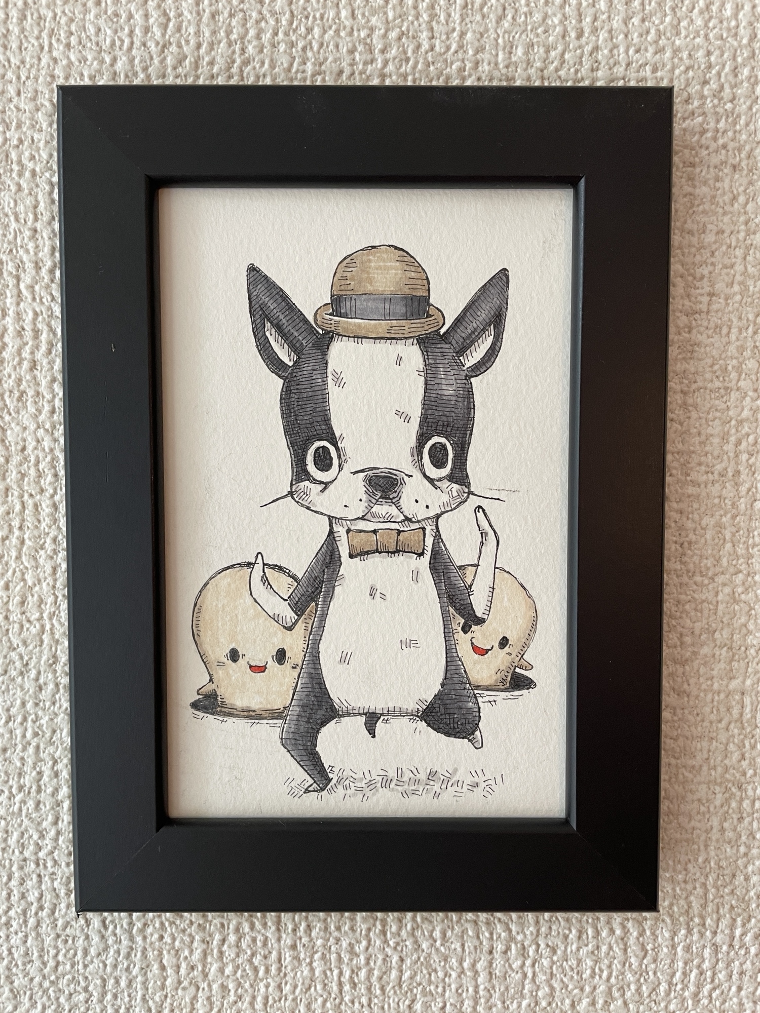 ボストンテリア しゃがむ手描きイラスト原画 ボストンテリア 全てを無に帰す手描きイラスト原画 イラスト ぼ