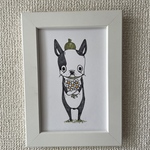 ボストンテリア 花手描きイラスト原画