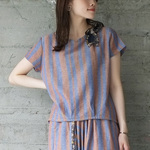 【再入荷】フリル付きオリジナルストライプ半袖カットソー（21s-18）ネイビーブルーver2