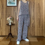 正絹着物リメイク　セットアップ　ノースリーブとパンツ　リボン付　ノワール　Pantalon et chemisier　