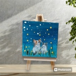  【蛍の夜】　絵　小さい絵　アート　パピヨン　チワワ