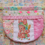 hana*ハンドメイド★レトロアニマルまんまる巾着♪パッチワークpinkバニーちゃん