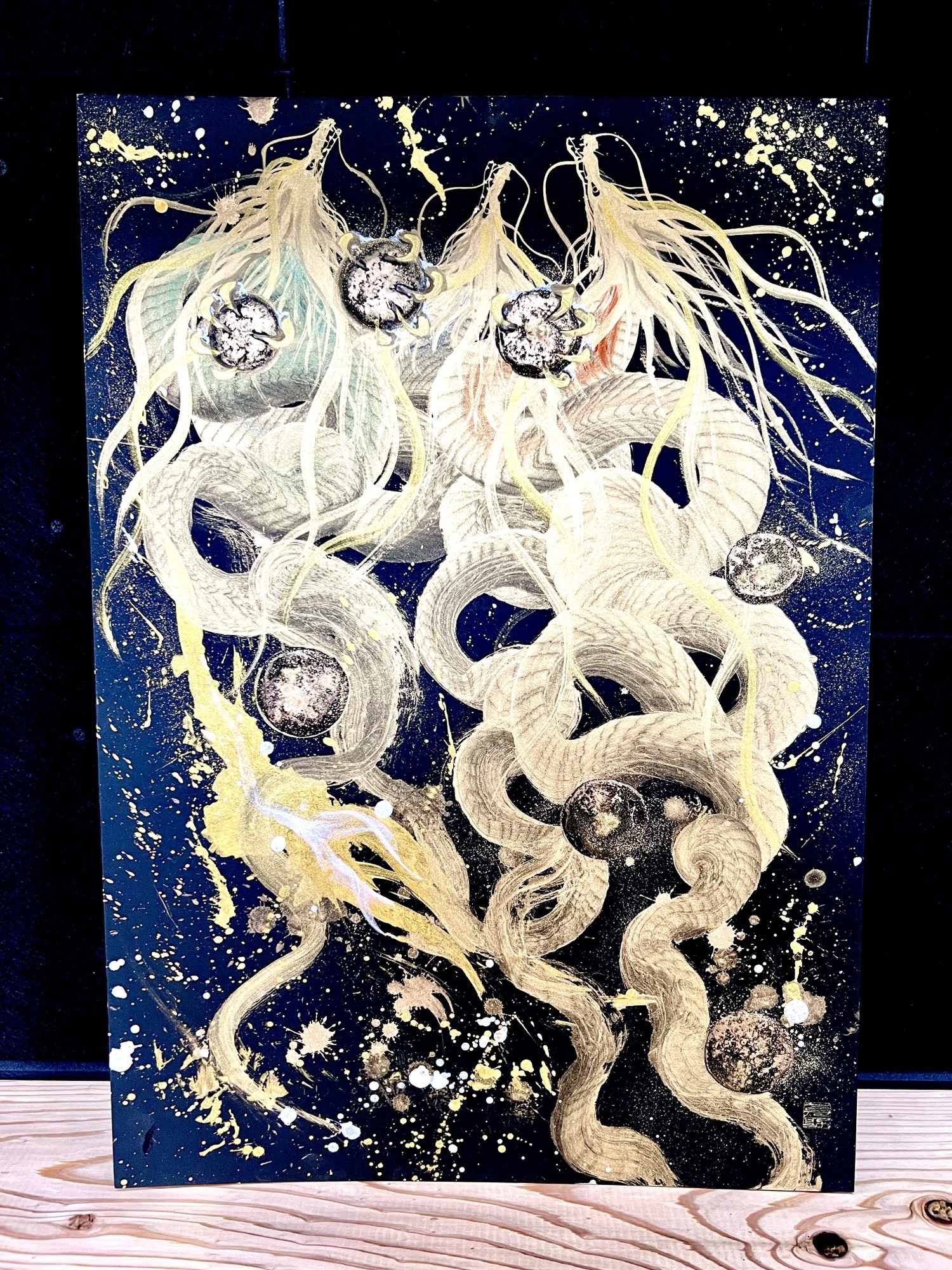 【九頭龍大権現】　開運　置物　龍神　アート　絵　一筆龍　ギベオン　イミラック隕石 九頭龍大権現】開運置物龍神アート絵一筆龍ギベオンイミラック隕石