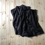 LINEN＊フレンチスリーブ肩ギャザーシャツ　ブラウス　　ブラック