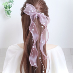 新色【 パール ＆ ピンク】ポニーフック/ シアー リボン ヘアリボン ブライダル  卒業式 ヘアアクセサリー オーガンジーリボン
