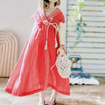 エンブロイダリーカシュクールワンピース　赤に白い刺繍