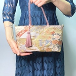 【扇取花鳥紋　本金箔】正絹　ハンドバッグ　フォーマルバッグ　帯リメイク　帯バッグ　入学式バッグ　卒業式バッグ　和装バッグ　利休バッグ  海外へのプレゼント　2way クリスマスラッピング対応