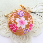 和柄・桜/黄土色系/マカロンコインケース(マカロンポーチ)ストラップ付