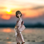 リカちゃんサイズ　🩷🩷ちょっと大人なくすみピンクの花柄と帯のセット　浴衣と共布の巾着付き