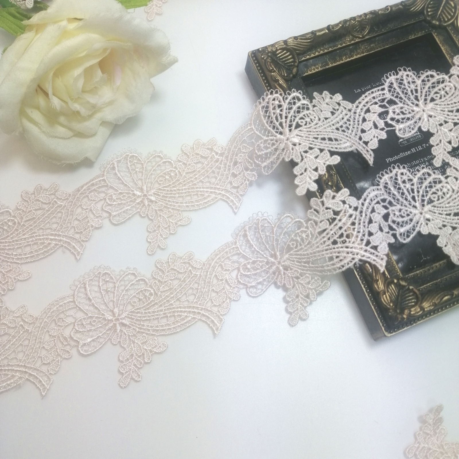 高品質❣ 2m 淡々ピンク 花柄刺繍 ケミカルレース リボン はぎれ