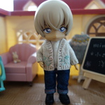 カーディガン(生成り×薄緑模様)＊ねんどろいどどーる・オビツ11・ミキちゃんマキちゃん＊アウトフィット