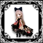トレーン風フィッシュテールの和柄ドレス（黒×扇）♱ Harmonia bloom ハルモニアブルーム ニアハルモニア オビツ22 ruruko PNXS 等