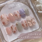 ＼　即日発送　／フリーサイズ　チューリップと蝶々の春色ネイル　ニュアンスネイル 桃ネイル　〜ネイルチップ　マーメイドネイル　海　夏ネイル〜【No.070】