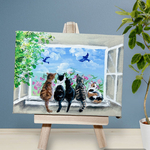 【窓辺の猫達】　絵　小さい絵　アート　猫の絵　猫　✴︎イーゼル付き