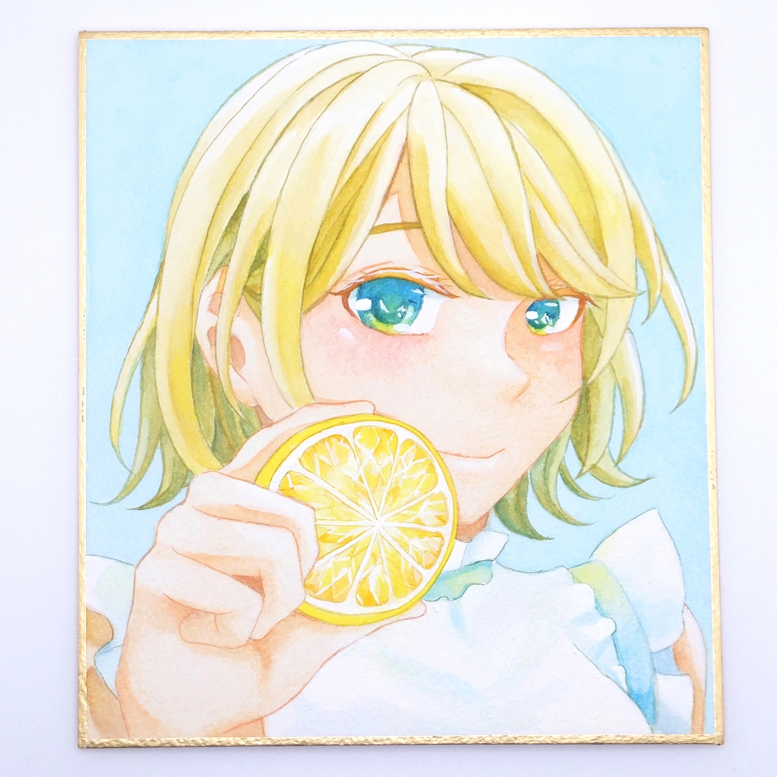 イラスト　原画　「レモンとの娘」 ミニ色紙｜夏を感じるレモンと女の子｜水彩イラスト【原画