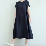 リネン100％Aラインワンピース　ネイビー