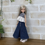 NO,455リカちゃん服　インディゴデニム　スリムフレア　センターボックス　オシャレスカート　ネイビー　レースプリント　ペプラム ブラウス　夏のお出かけコーデ　リアルクローズ