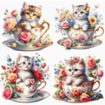 可愛い猫ちゃん　花飾り茶具のフレークシール