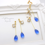 夜空のロングピアス＊ジルコン×ガラスドロップ＊ブルー＊シンプルゴールドピアス